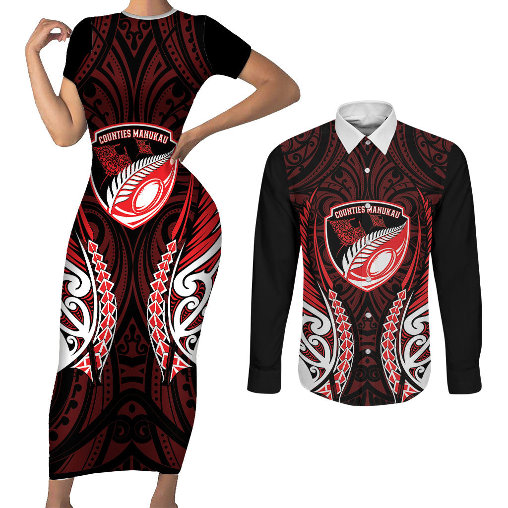 Counties Manukau 2026 Rugby Custom Couples Matching Short Sleeve Bodycon Dress and Long Sleeve Button Shirt NZ Maori Silver Fern LT14 Red - Polynesian Pride