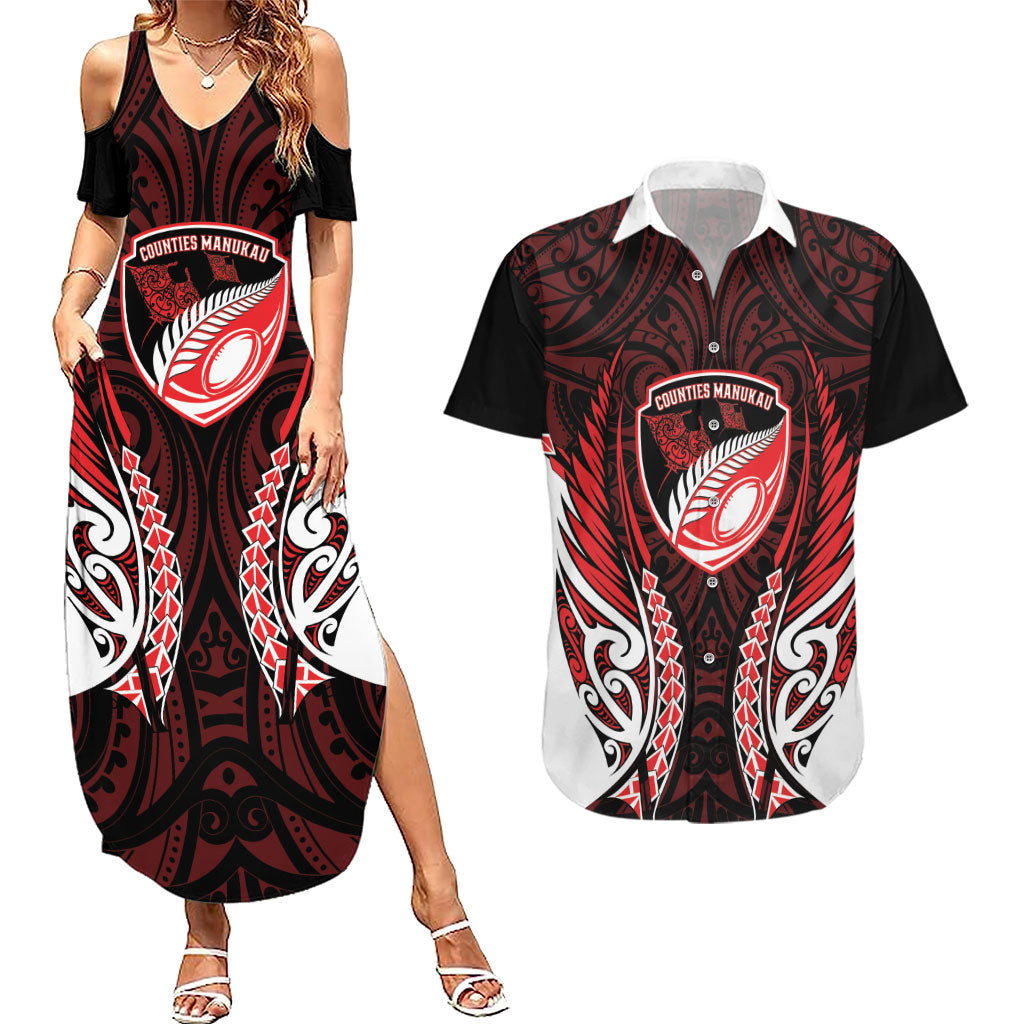 Counties Manukau 2026 Rugby Custom Couples Matching Summer Maxi Dress and Hawaiian Shirt NZ Maori Silver Fern LT14 Red - Polynesian Pride