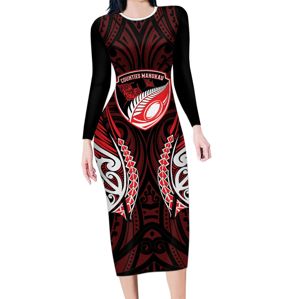 Counties Manukau 2026 Rugby Custom Family Matching Long Sleeve Bodycon Dress and Hawaiian Shirt NZ Maori Silver Fern LT14 Mom's Dress Red - Polynesian Pride