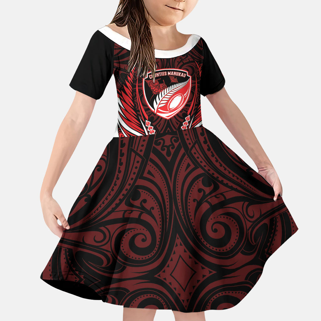 Counties Manukau 2026 Rugby Custom Family Matching Mermaid Dress and Hawaiian Shirt NZ Maori Silver Fern LT14 Daughter's Dress Red - Polynesian Pride