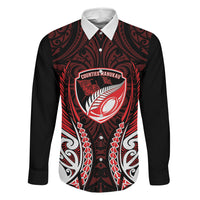 Counties Manukau 2026 Rugby Custom Family Matching Off Shoulder Maxi Dress and Hawaiian Shirt NZ Maori Silver Fern LT14 Dad's Shirt - Long Sleeve Red - Polynesian Pride
