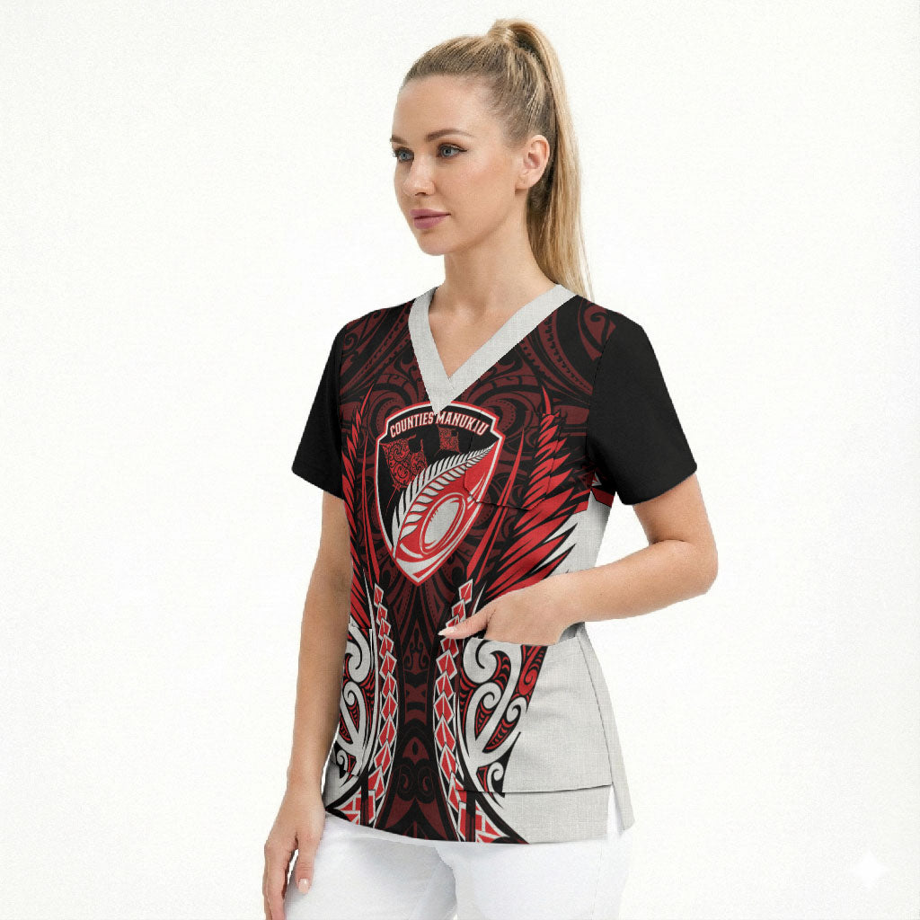 Counties Manukau 2026 Rugby Custom Scrub Top NZ Maori Silver Fern LT14 - Polynesian Pride