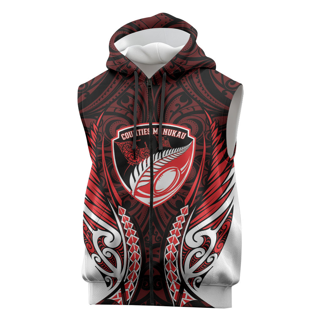 Counties Manukau 2026 Rugby Custom Sleeveless Zip Hoodie NZ Maori Silver Fern LT14 Red - Polynesian Pride