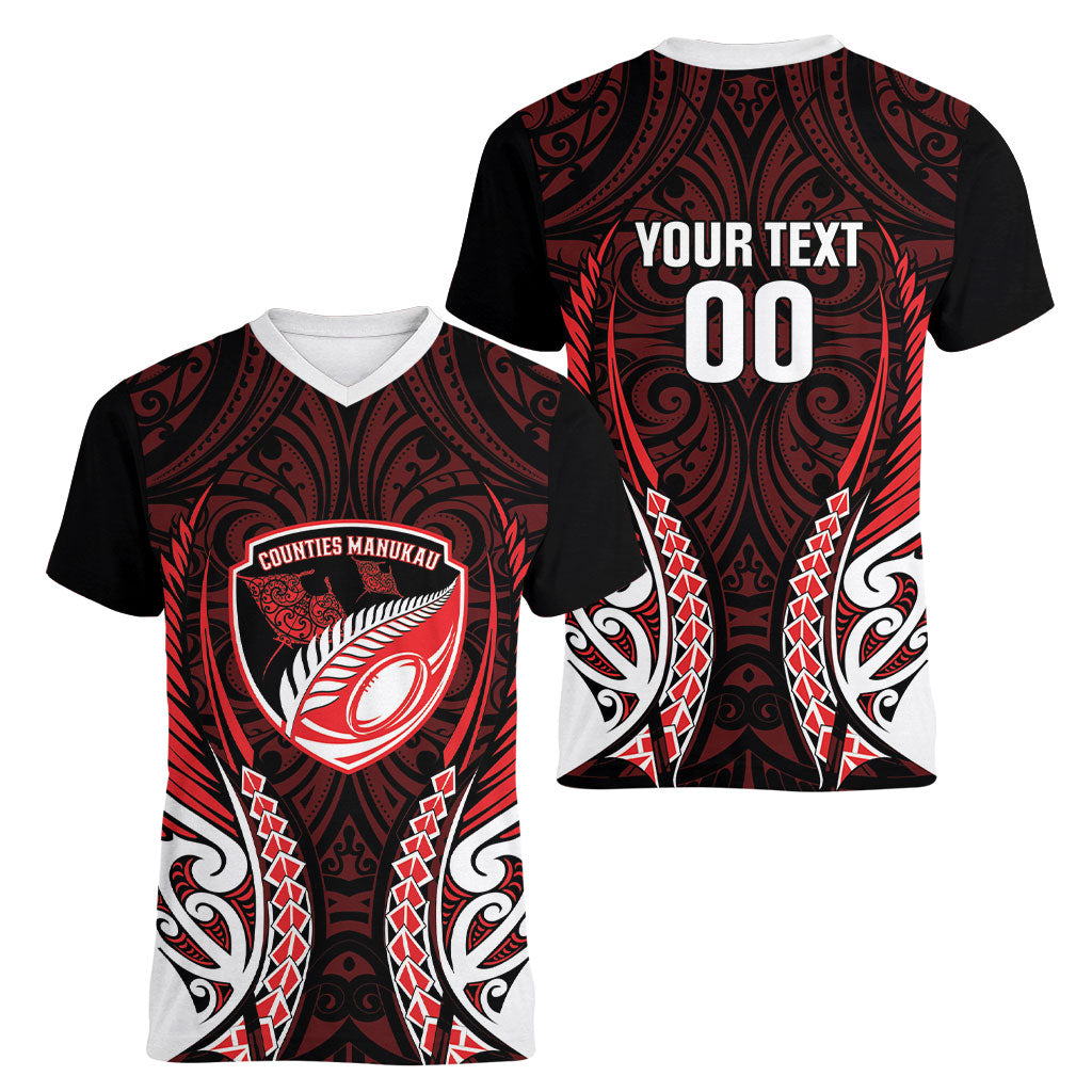 Counties Manukau 2026 Rugby Custom Women V-Neck T-Shirt NZ Maori Silver Fern LT14 - Polynesian Pride