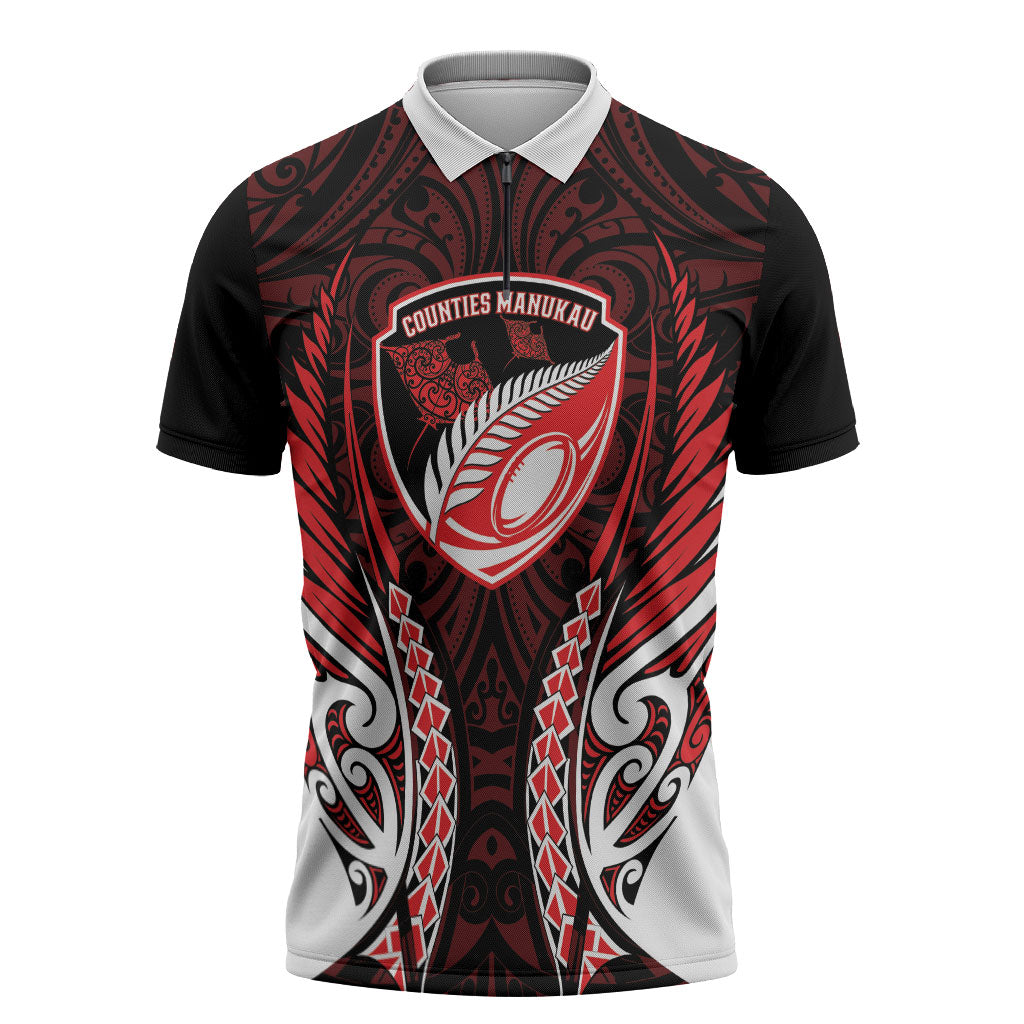 Counties Manukau 2026 Rugby Custom Zipper Polo Shirt NZ Maori Silver Fern LT14 Red - Polynesian Pride