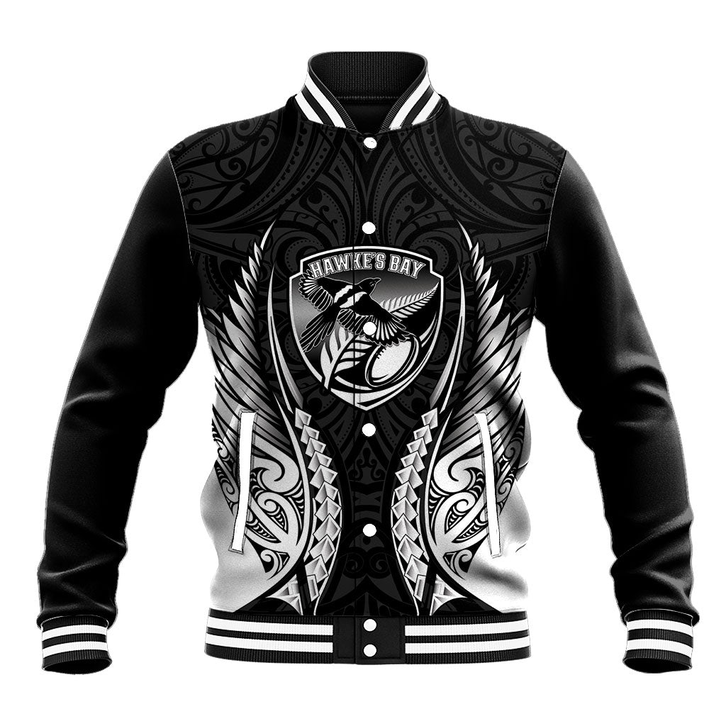 Hawke's Bay 2026 Rugby Custom Baseball Jacket NZ Maori Silver Fern LT14 Unisex Black - Polynesian Pride