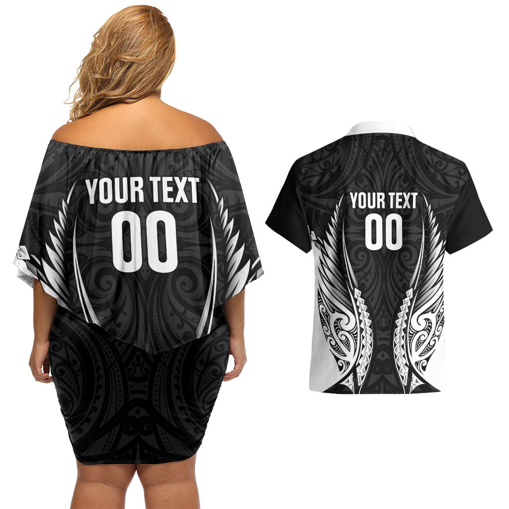 Hawke's Bay 2026 Rugby Custom Couples Matching Off Shoulder Short Dress and Hawaiian Shirt NZ Maori Silver Fern LT14 - Polynesian Pride