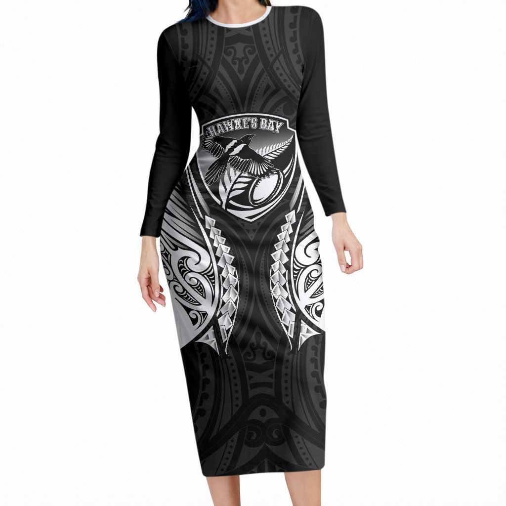 Hawke's Bay 2026 Rugby Custom Long Sleeve Bodycon Dress NZ Maori Silver Fern LT14 Long Dress Black - Polynesian Pride