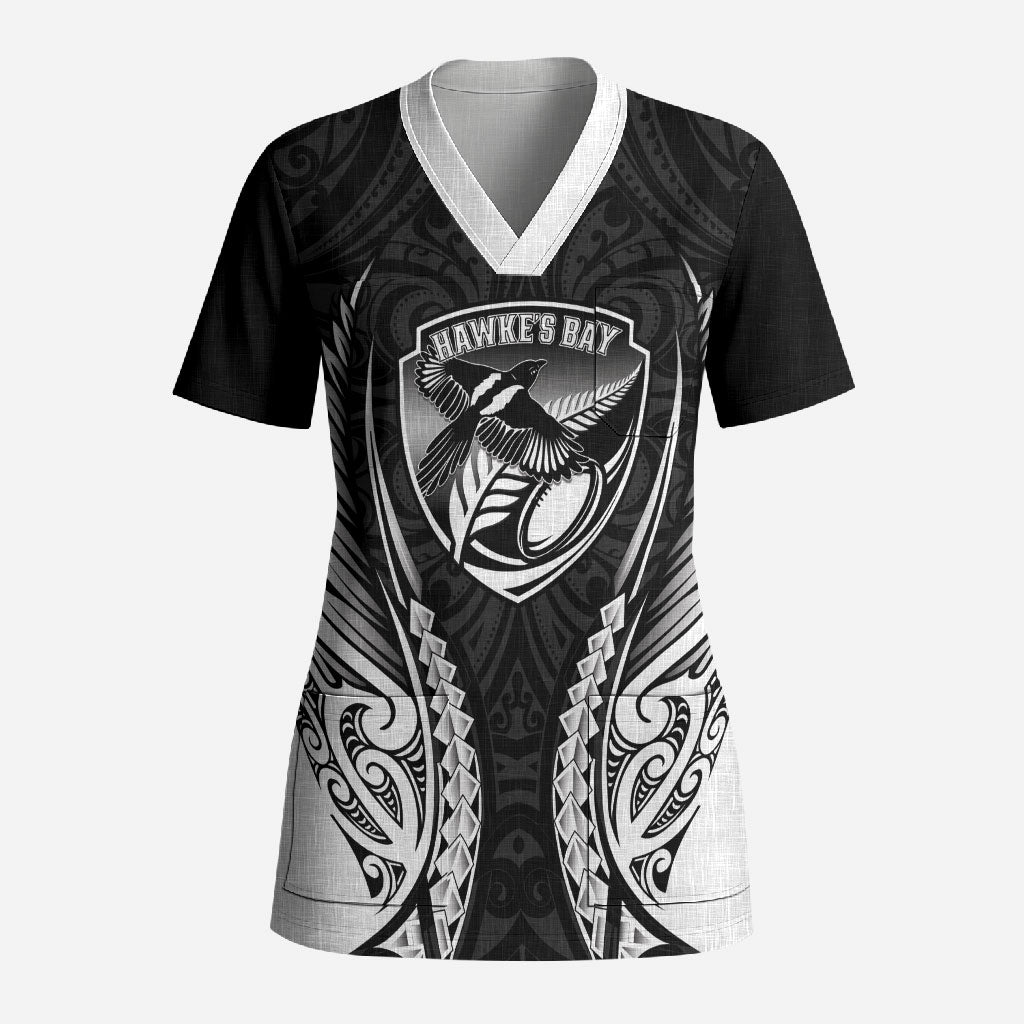 Hawke's Bay 2026 Rugby Custom Scrub Top NZ Maori Silver Fern LT14 Adult Black - Polynesian Pride
