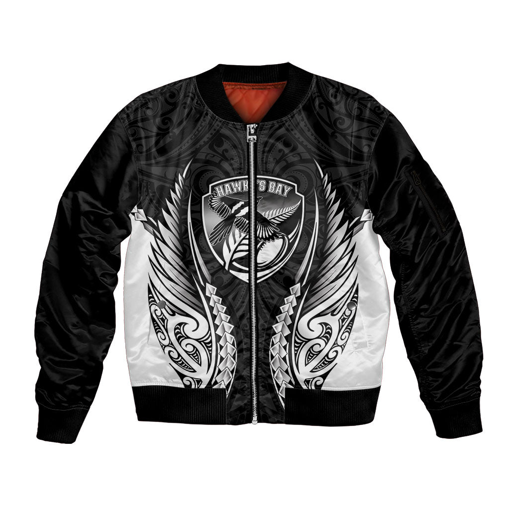 Hawke's Bay 2026 Rugby Custom Sleeve Zip Bomber Jacket NZ Maori Silver Fern LT14 Unisex Black - Polynesian Pride