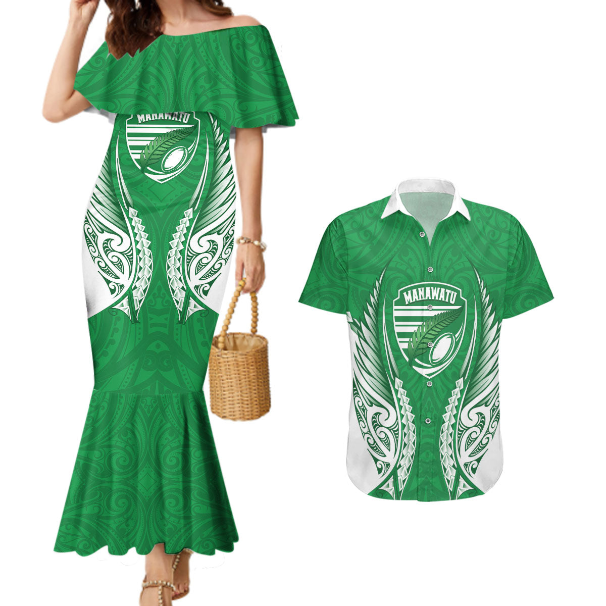 Manawatu 2026 Rugby Custom Couples Matching Mermaid Dress and Hawaiian Shirt NZ Maori Silver Fern LT14 Green - Polynesian Pride