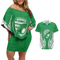 Manawatu 2026 Rugby Custom Couples Matching Off Shoulder Short Dress and Hawaiian Shirt NZ Maori Silver Fern LT14 Green - Polynesian Pride