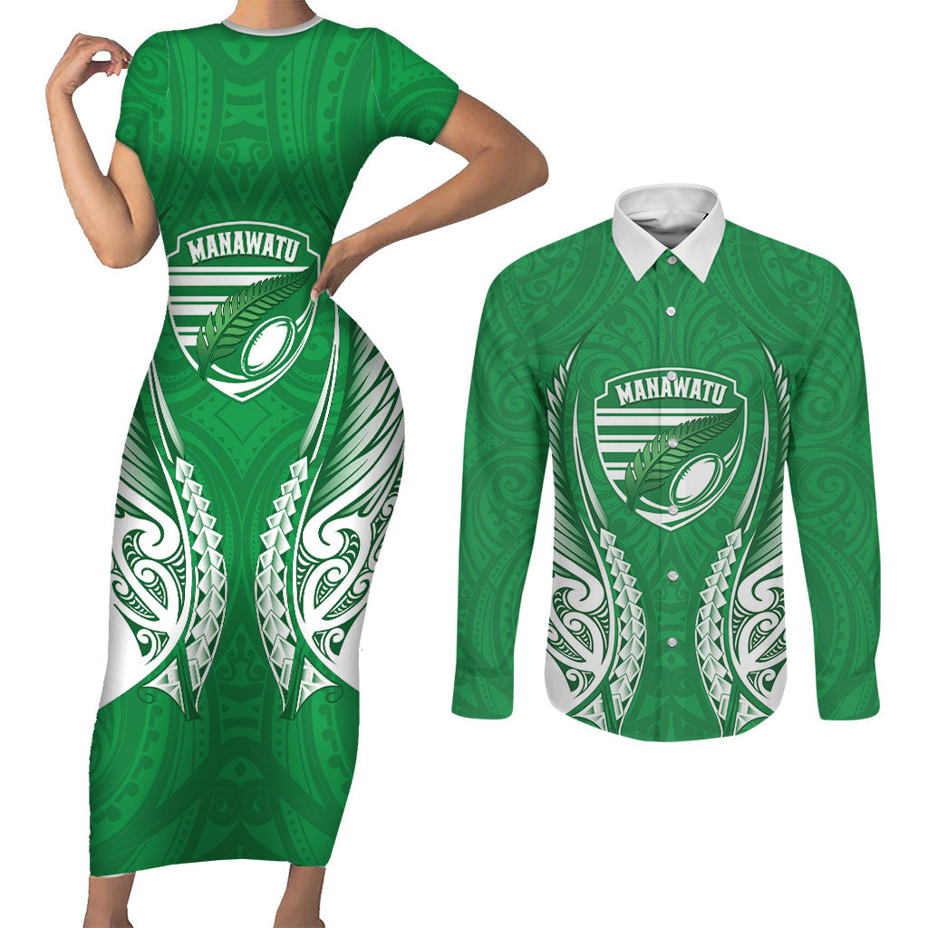 Manawatu 2026 Rugby Custom Couples Matching Short Sleeve Bodycon Dress and Long Sleeve Button Shirt NZ Maori Silver Fern LT14 Green - Polynesian Pride