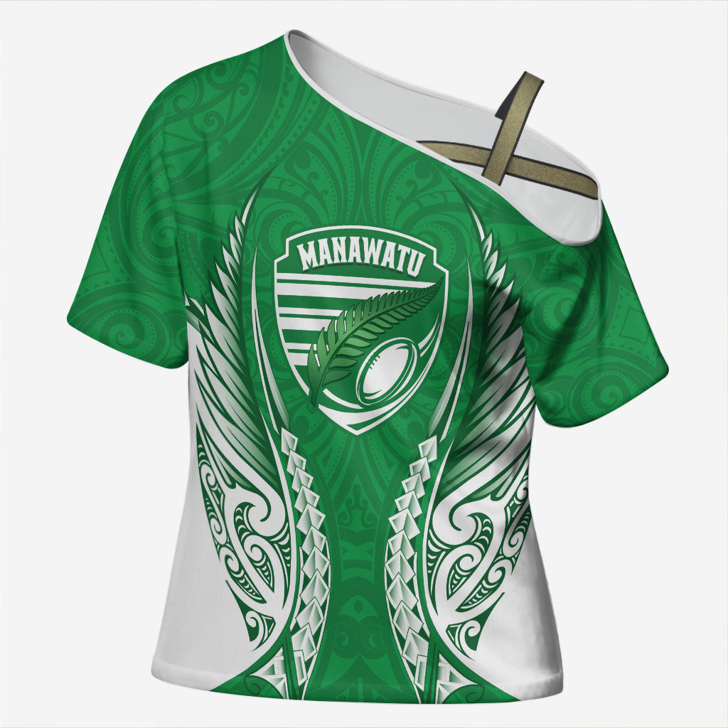 Manawatu 2026 Rugby Custom Cross Shoulder Shirt NZ Maori Silver Fern LT14 Female Green - Polynesian Pride
