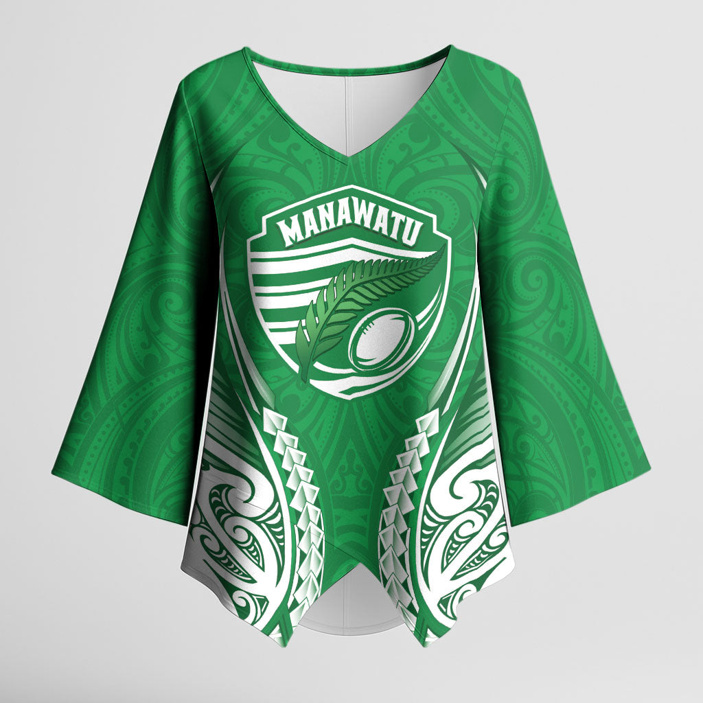 Manawatu 2026 Rugby Custom Kimono Sleeve Blouse NZ Maori Silver Fern LT14 Female Green - Polynesian Pride