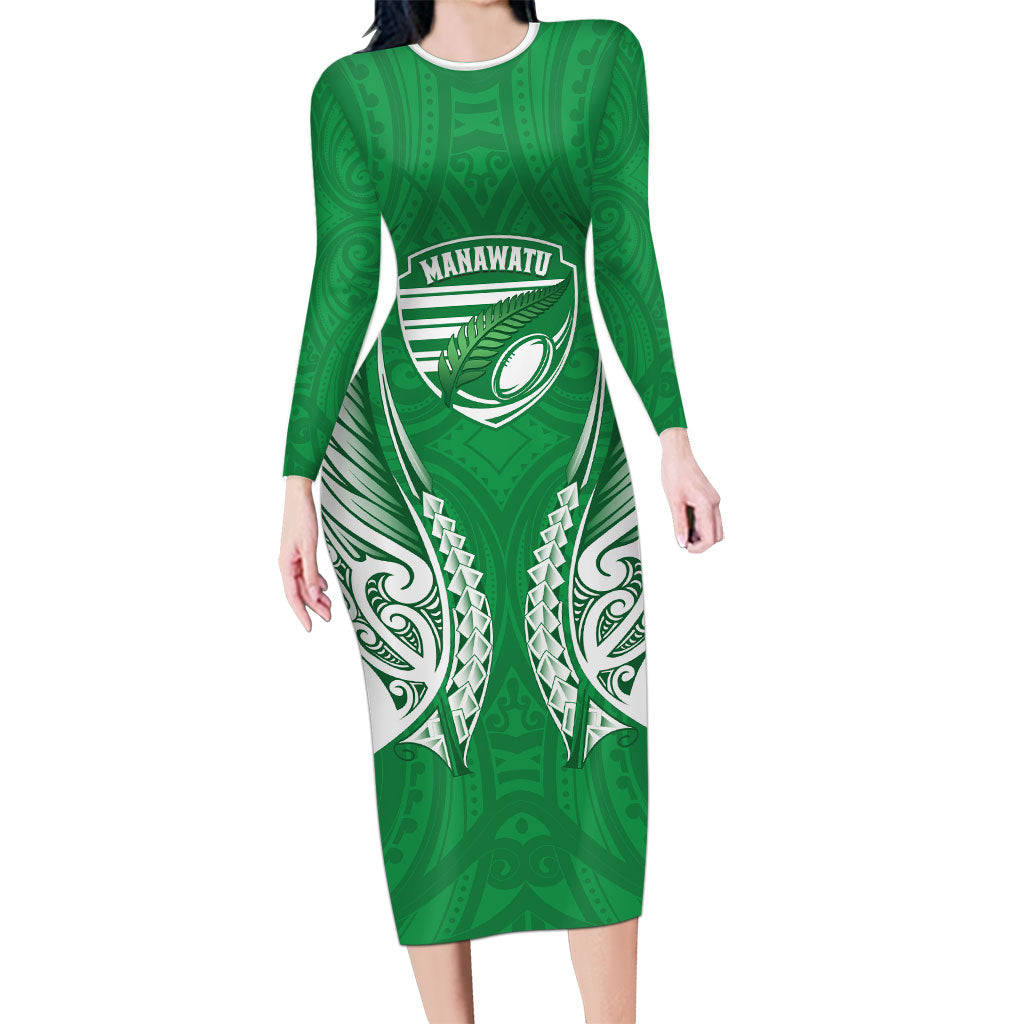 Manawatu 2026 Rugby Custom Long Sleeve Bodycon Dress NZ Maori Silver Fern LT14 Long Dress Green - Polynesian Pride