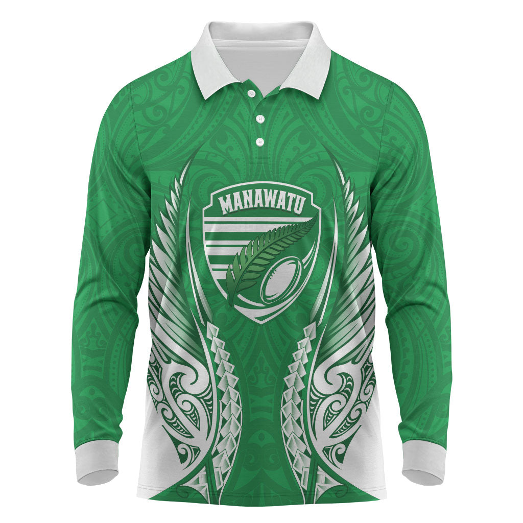 Manawatu 2026 Rugby Custom Long Sleeve Polo Shirt NZ Maori Silver Fern LT14 Green - Polynesian Pride