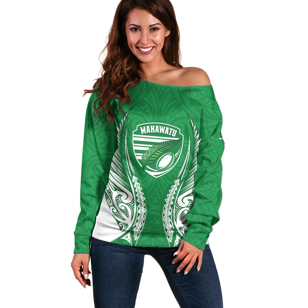 Manawatu 2026 Rugby Custom Off Shoulder Sweater NZ Maori Silver Fern LT14 Women Green - Polynesian Pride