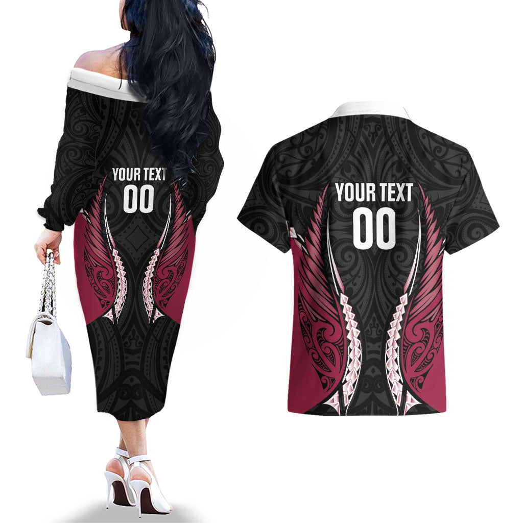 North Harbour 2026 Rugby Custom Couples Matching Off The Shoulder Long Sleeve Dress and Hawaiian Shirt NZ Maori Silver Fern LT14 - Polynesian Pride