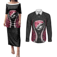 North Harbour 2026 Rugby Custom Couples Matching Puletasi and Long Sleeve Button Shirt NZ Maori Silver Fern LT14 Maroon - Polynesian Pride