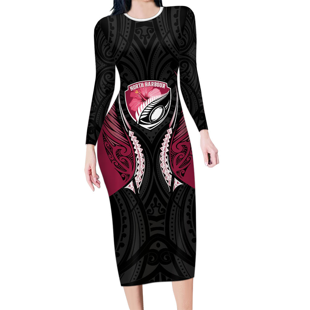North Harbour 2026 Rugby Custom Long Sleeve Bodycon Dress NZ Maori Silver Fern LT14 Long Dress Maroon - Polynesian Pride