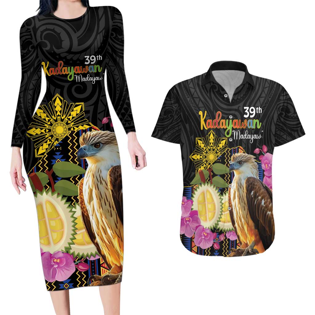 Kadayawan Philippines Couples Matching Long Sleeve Bodycon Dress and Hawaiian Shirt Filipino Eagle Happy 39th Anniversary LT14 Black - Polynesian Pride