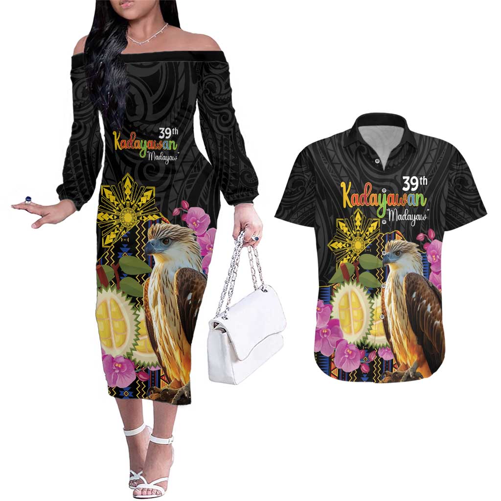 Kadayawan Philippines Couples Matching Off The Shoulder Long Sleeve Dress and Hawaiian Shirt Filipino Eagle Happy 39th Anniversary LT14 Black - Polynesian Pride