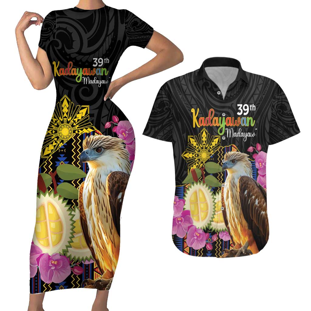 Kadayawan Philippines Couples Matching Short Sleeve Bodycon Dress and Hawaiian Shirt Filipino Eagle Happy 39th Anniversary LT14 Black - Polynesian Pride