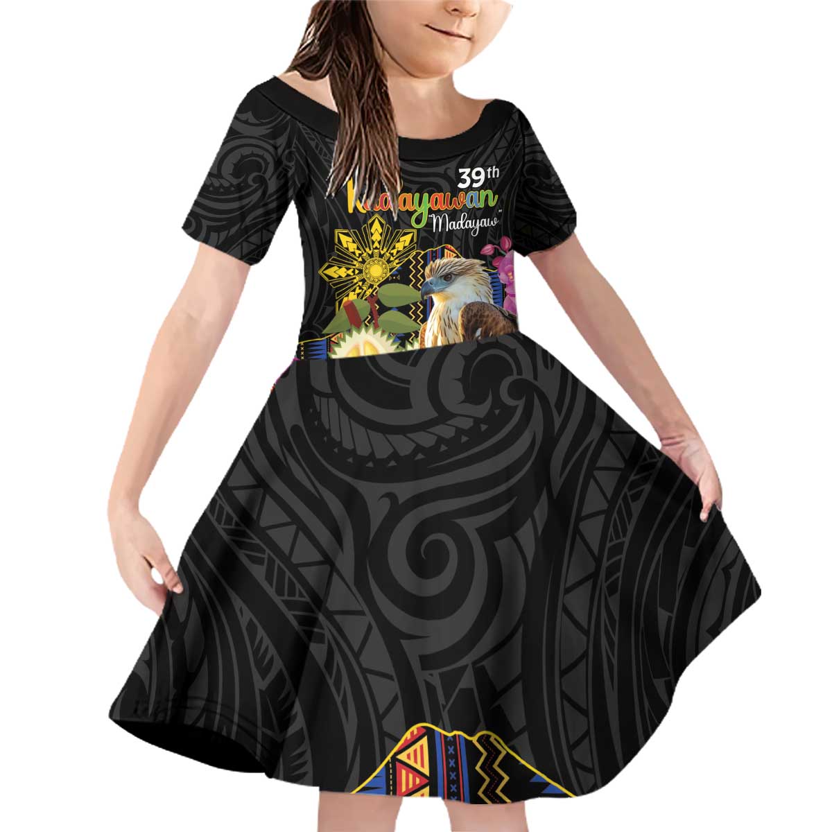 Kadayawan Philippines Family Matching Off Shoulder Short Dress and Hawaiian Shirt Filipino Eagle Happy 39th Anniversary LT14 Daughter's Dress Black - Polynesian Pride