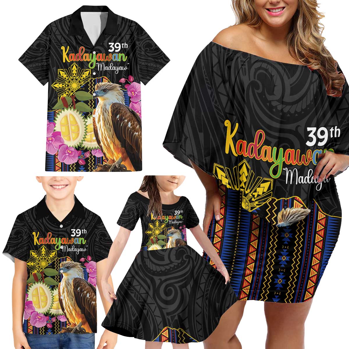Kadayawan Philippines Family Matching Off Shoulder Short Dress and Hawaiian Shirt Filipino Eagle Happy 39th Anniversary LT14 - Polynesian Pride