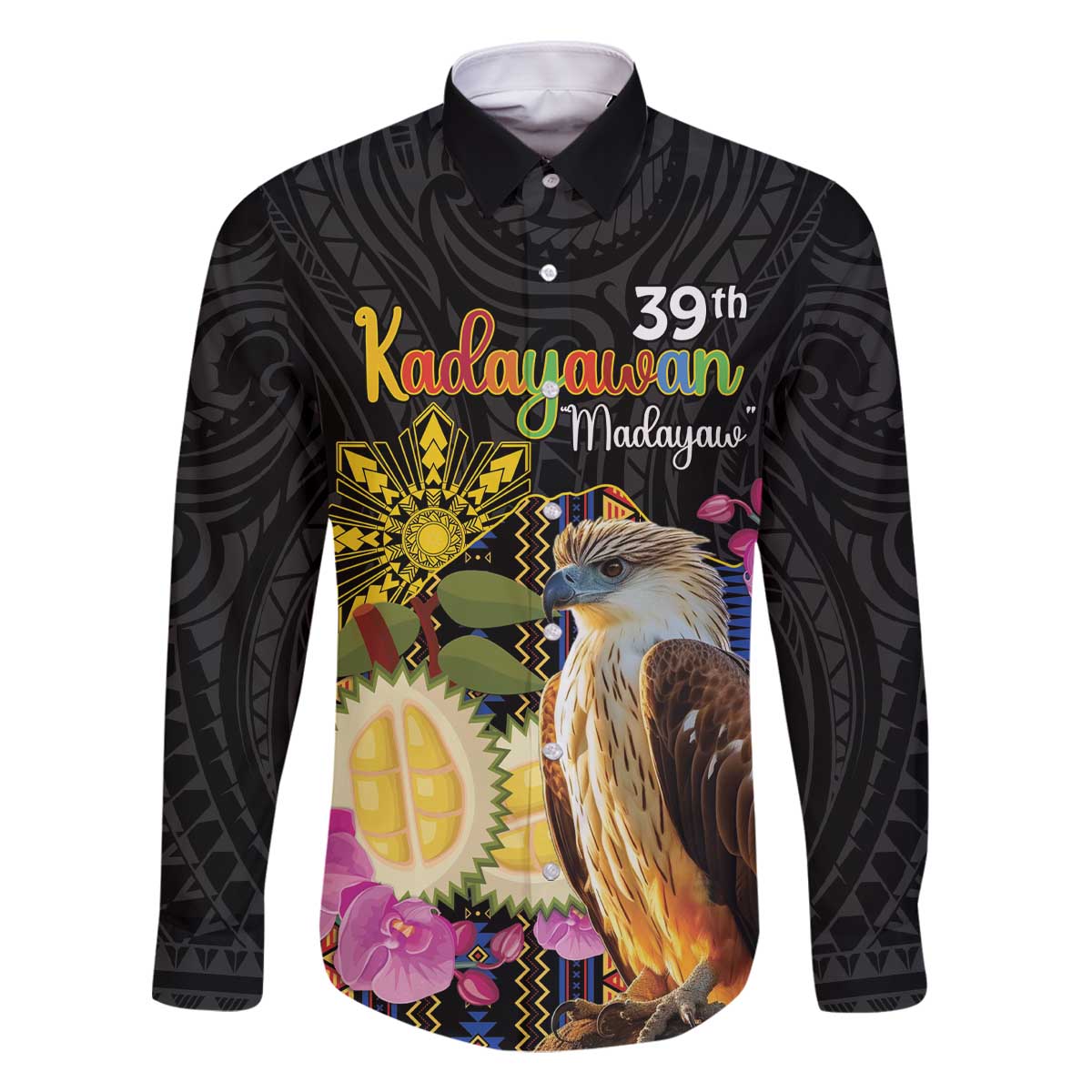 Kadayawan Philippines Family Matching Off Shoulder Short Dress and Hawaiian Shirt Filipino Eagle Happy 39th Anniversary LT14 Dad's Shirt - Long Sleeve Black - Polynesian Pride