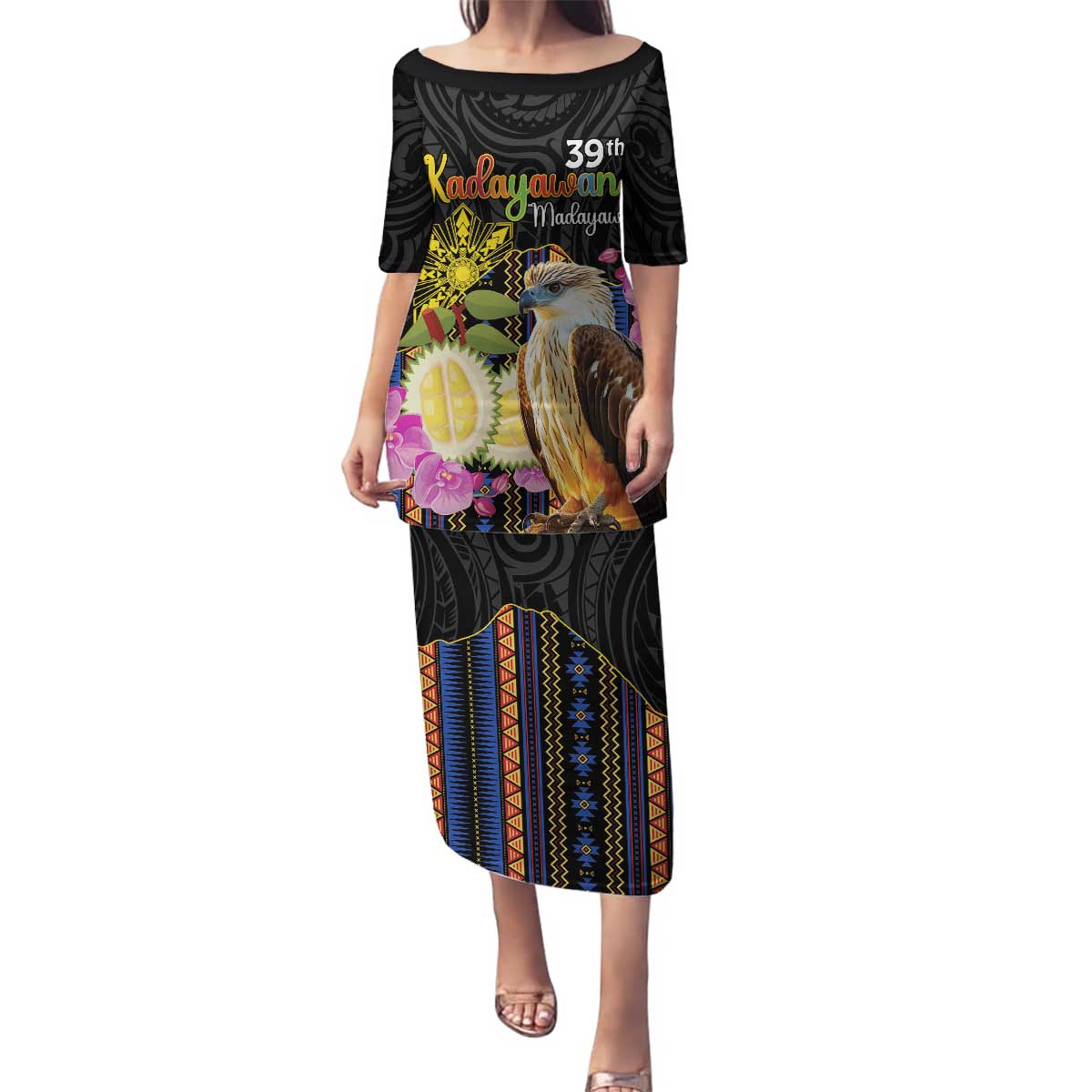Kadayawan Philippines Family Matching Puletasi and Hawaiian Shirt Filipino Eagle Happy 39th Anniversary LT14 Mom's Dress Black - Polynesian Pride