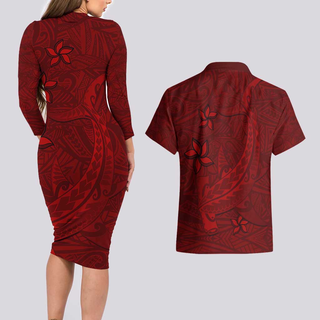 Oxblood Polynesia Couples Matching Long Sleeve Bodycon Dress and Hawaiian Shirt Hawaiian Tribal Hammerhead Shark Tattoo LT14 - Polynesian Pride