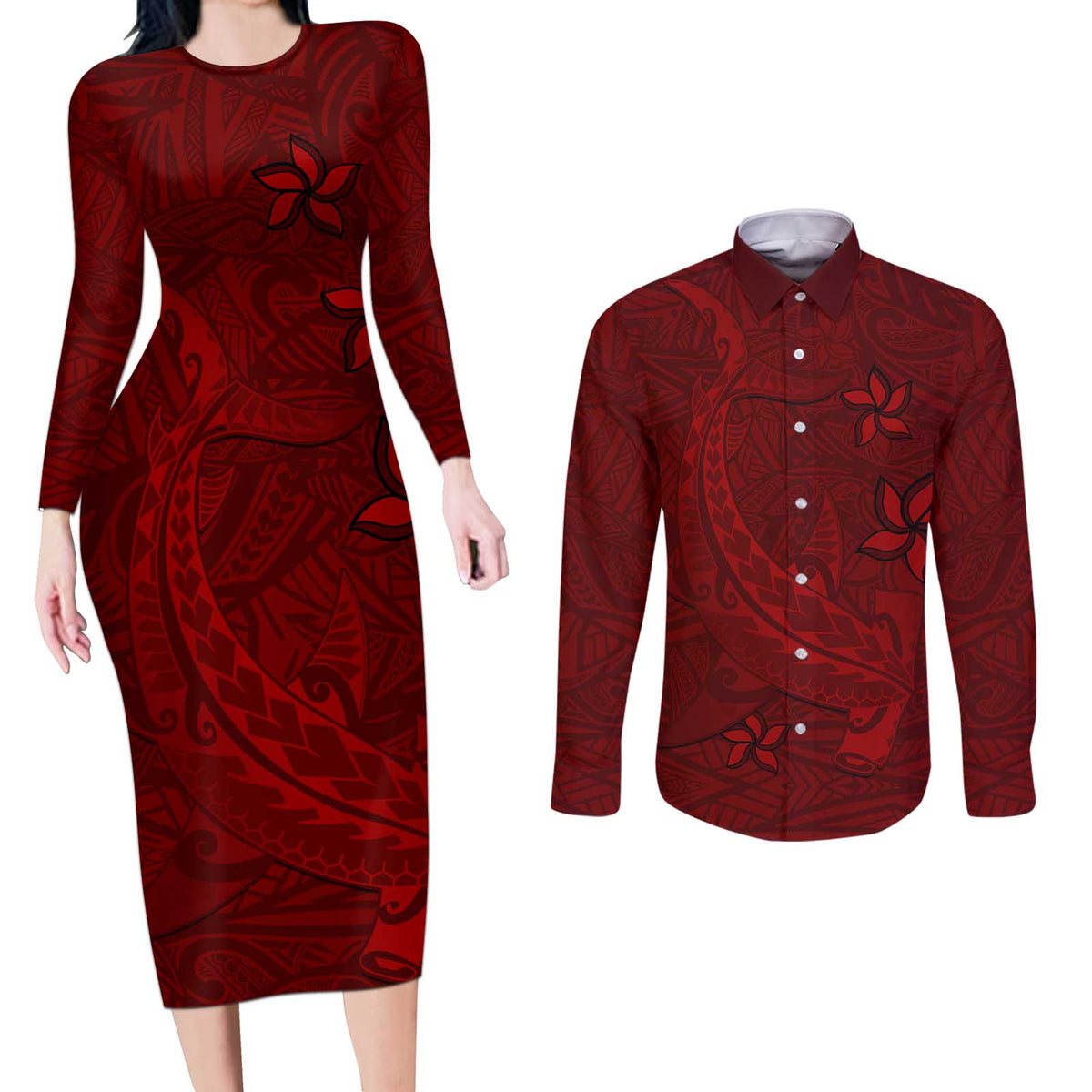 Oxblood Polynesia Couples Matching Long Sleeve Bodycon Dress and Long Sleeve Button Shirt Hawaiian Tribal Hammerhead Shark Tattoo LT14 Oxblood - Polynesian Pride