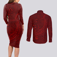 Oxblood Polynesia Couples Matching Long Sleeve Bodycon Dress and Long Sleeve Button Shirt Hawaiian Tribal Hammerhead Shark Tattoo LT14 - Polynesian Pride