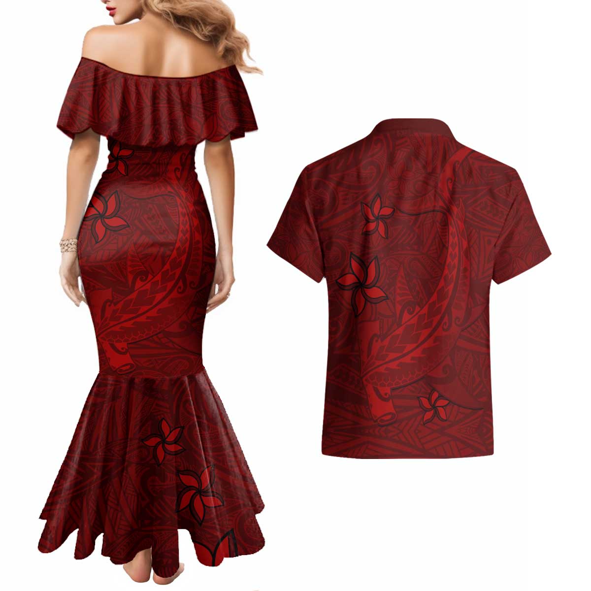 Oxblood Polynesia Couples Matching Mermaid Dress and Hawaiian Shirt Hawaiian Tribal Hammerhead Shark Tattoo LT14 - Polynesian Pride