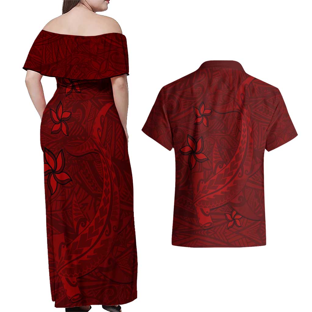 Oxblood Polynesia Couples Matching Off Shoulder Maxi Dress and Hawaiian Shirt Hawaiian Tribal Hammerhead Shark Tattoo LT14 - Polynesian Pride