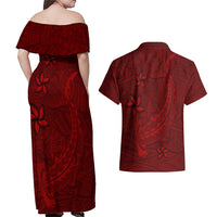 Oxblood Polynesia Couples Matching Off Shoulder Maxi Dress and Hawaiian Shirt Hawaiian Tribal Hammerhead Shark Tattoo LT14 - Polynesian Pride