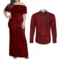 Oxblood Polynesia Couples Matching Off Shoulder Maxi Dress and Long Sleeve Button Shirt Hawaiian Tribal Hammerhead Shark Tattoo LT14 Oxblood - Polynesian Pride