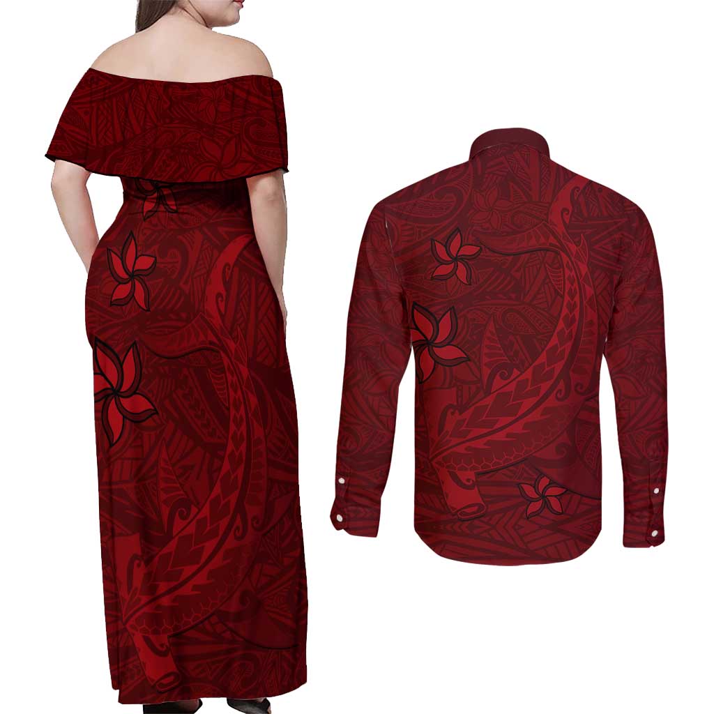 Oxblood Polynesia Couples Matching Off Shoulder Maxi Dress and Long Sleeve Button Shirt Hawaiian Tribal Hammerhead Shark Tattoo LT14 - Polynesian Pride