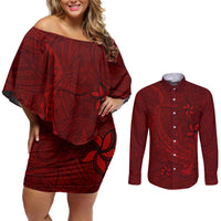 Oxblood Polynesia Couples Matching Off Shoulder Short Dress and Long Sleeve Button Shirt Hawaiian Tribal Hammerhead Shark Tattoo LT14 Oxblood - Polynesian Pride