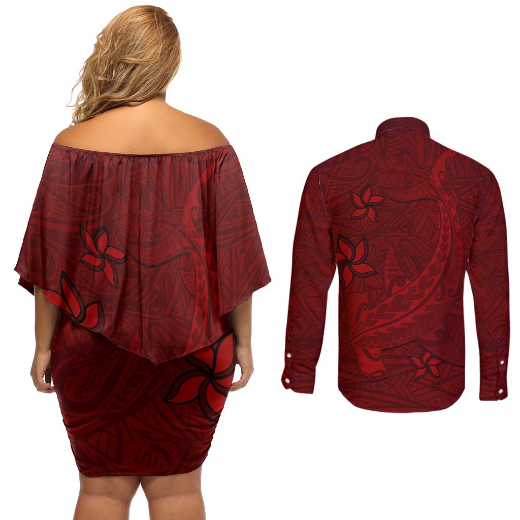 Oxblood Polynesia Couples Matching Off Shoulder Short Dress and Long Sleeve Button Shirt Hawaiian Tribal Hammerhead Shark Tattoo LT14 - Polynesian Pride