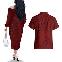 Oxblood Polynesia Couples Matching Off The Shoulder Long Sleeve Dress and Hawaiian Shirt Hawaiian Tribal Hammerhead Shark Tattoo LT14 - Polynesian Pride