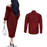 Oxblood Polynesia Couples Matching Off The Shoulder Long Sleeve Dress and Long Sleeve Button Shirt Hawaiian Tribal Hammerhead Shark Tattoo LT14 - Polynesian Pride
