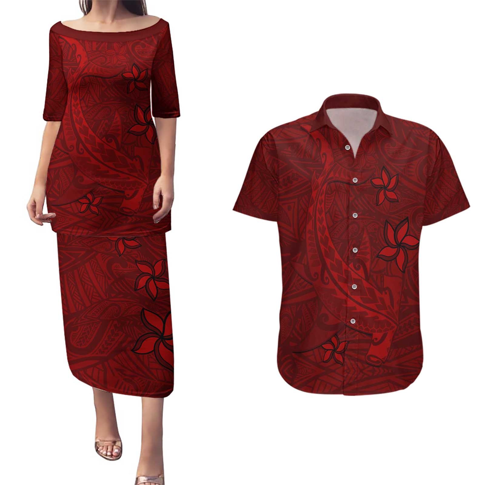 Oxblood Polynesia Couples Matching Puletasi and Hawaiian Shirt Hawaiian Tribal Hammerhead Shark Tattoo