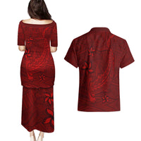 Oxblood Polynesia Couples Matching Puletasi and Hawaiian Shirt Hawaiian Tribal Hammerhead Shark Tattoo LT14 - Polynesian Pride