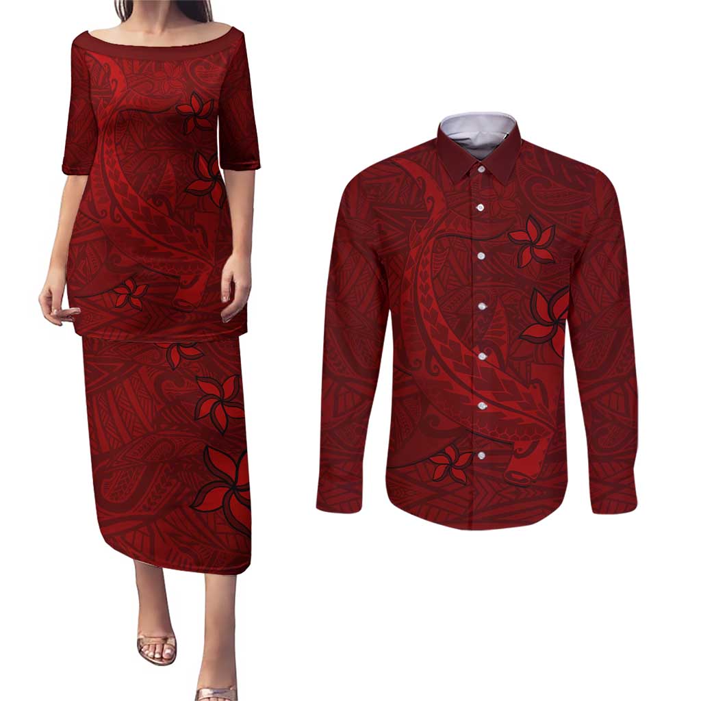Oxblood Polynesia Couples Matching Puletasi and Long Sleeve Button Shirt Hawaiian Tribal Hammerhead Shark Tattoo