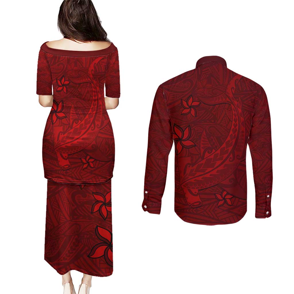 Oxblood Polynesia Couples Matching Puletasi and Long Sleeve Button Shirt Hawaiian Tribal Hammerhead Shark Tattoo