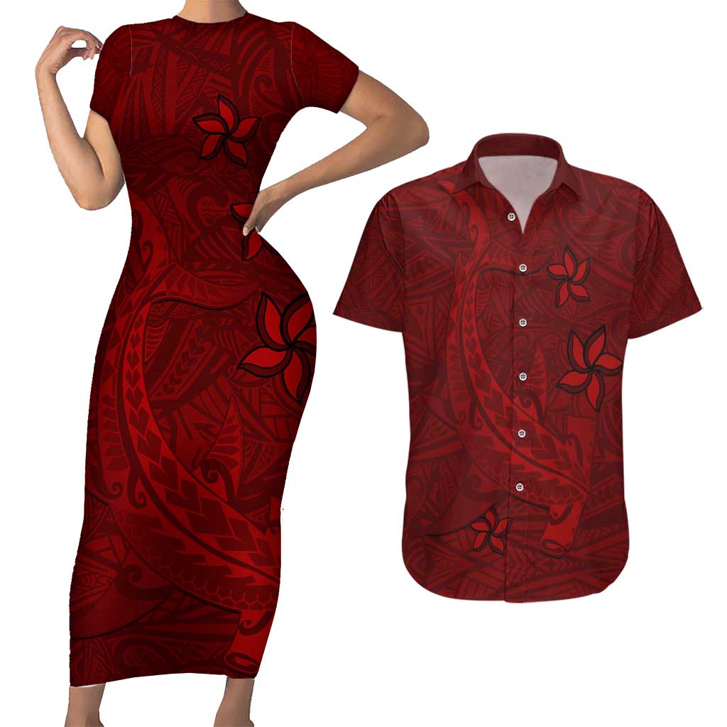 Oxblood Polynesia Couples Matching Short Sleeve Bodycon Dress and Hawaiian Shirt Hawaiian Tribal Hammerhead Shark Tattoo LT14 Oxblood - Polynesian Pride