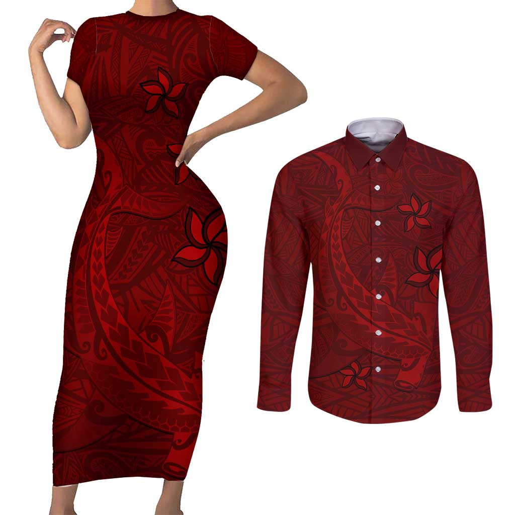 Oxblood Polynesia Couples Matching Short Sleeve Bodycon Dress and Long Sleeve Button Shirt Hawaiian Tribal Hammerhead Shark Tattoo LT14 Oxblood - Polynesian Pride
